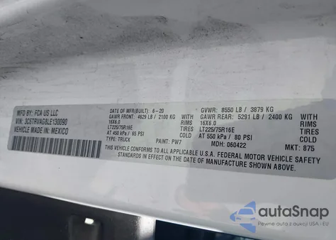 2020 Ram Promaster 1500 Low Roof 136 Wb z USA, uszkodzony, nr VIN 3C6TRVAG8LE130090